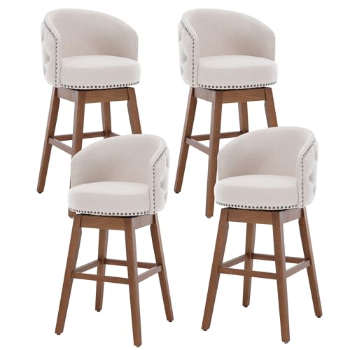 Swivel Bar Stool Set of 2, Grey, Linen, Wood Base H2336