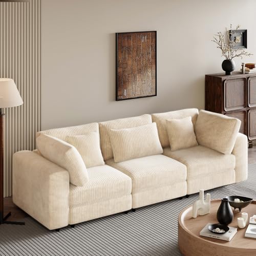 Oversized 3 Seater Corduroy Sofa with Removable Back Cushions and 5 Pillows (Gray) Z725200