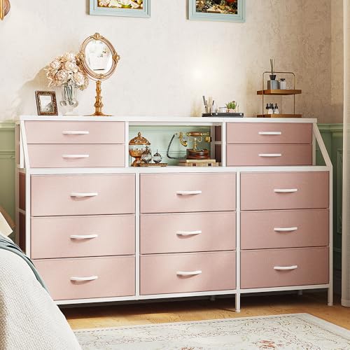 55" W Rustic Brown Dresser with 13 Fabric Drawers and 2 Open Shelves Y393146