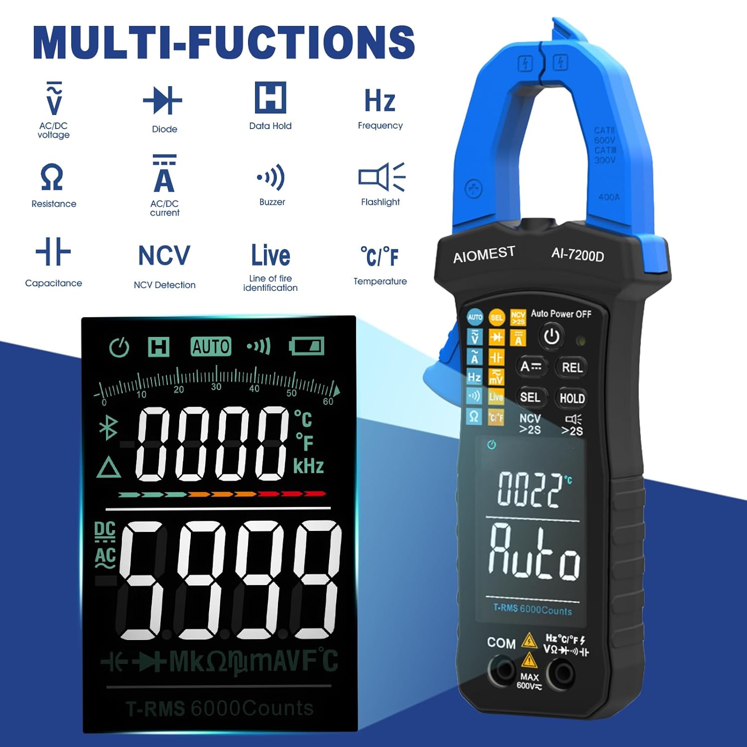 6000 Counts Auto-Range True-RMS Digital Clamp Meter Y585