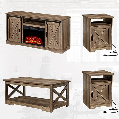 5-Piece Farmhouse Table Set with Fireplace TV Stand, Coffee Table, Two End Tables, Charging Station and USB Ports D937624