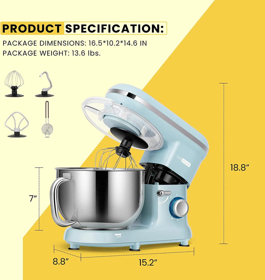 660W 10 Speed 6 Quart Tilt-Head Electric Stand Mixer with Beater, Dough Hook, Wire Whip and Egg Separator, Blue Y48329