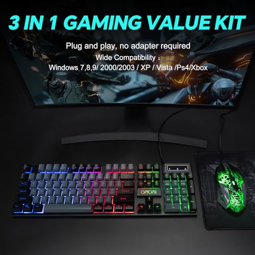 Gaming Keyboard and Mouse Combo, 7-Color Rainbow LED Backlit, 104 Keys Full Light Up Keyboard, Anti-ghosting Multimedia Keys, Mechanical Feel USB Wired Keyboard G4256