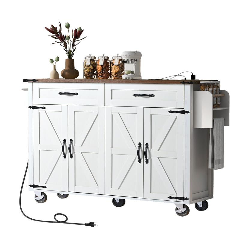 Farmhouse Kitchen Island with Power Outlet, Drop Leaf, Spice Rack and Drawer, Rolling Kitchen Cart on Wheels K736