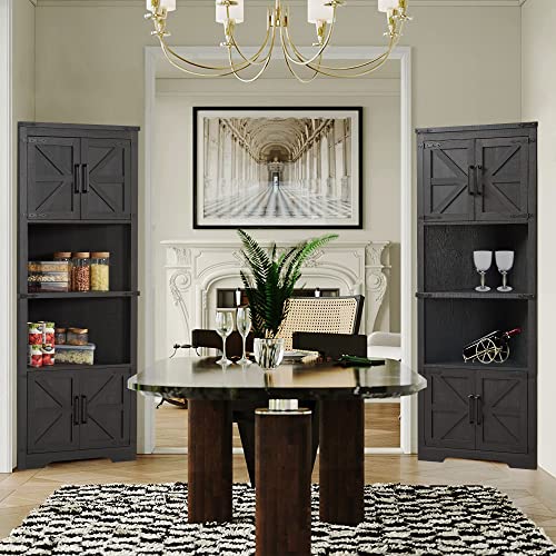 Black Tall Corner Storage Cabinet with Barn Door Design & Adjustable Shelves E73946