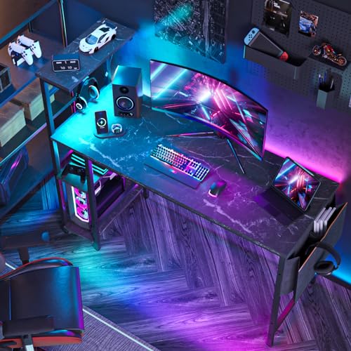 Black Carbon Fiber Gaming Desk with LED Lights and 4 Tiers Reversible Shelves Y71611