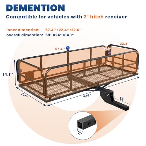 500 Lbs Folding Hitch Mount Cargo Carrier, 2" Hitch Receiver, 60" x 24" x 14" Size M419