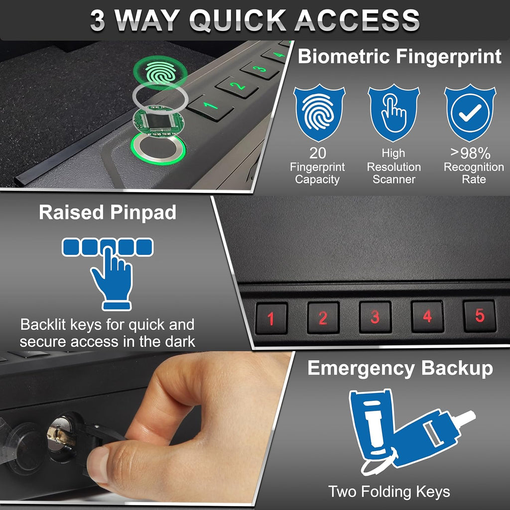 Biometric Gun Safe for Handgun with Fingerprint Reader, PIN Keypad and Folding Key V4728