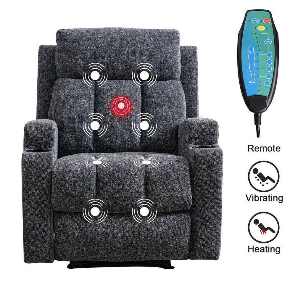 Manual Massage Recliner Chair with Heat, Side Pockets and Cup Holders, Overstuffed Breathable Fabric Reclining Chair, Single Sofa Q27019