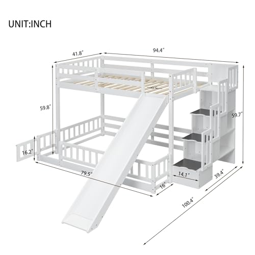 White Twin Over Full Size Pine Wooden Bunk Bed with Slide J22824