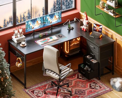 Black L Shaped Gaming Desk with 4 Drawers and Power Outlets K7855