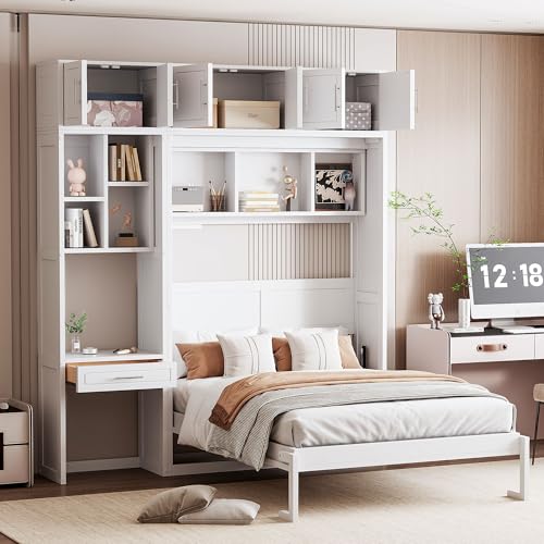 White Full Size Wall Murphy Bed with Built-in Desk & Shelves L502