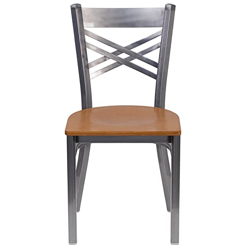 Clear Coated Metal Restaurant Chair with Cherry Wood Seat N2359