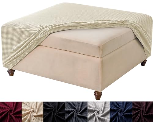 Beige Knitted Jacquard Square Ottoman Cover with Elastic Bottom Y2350