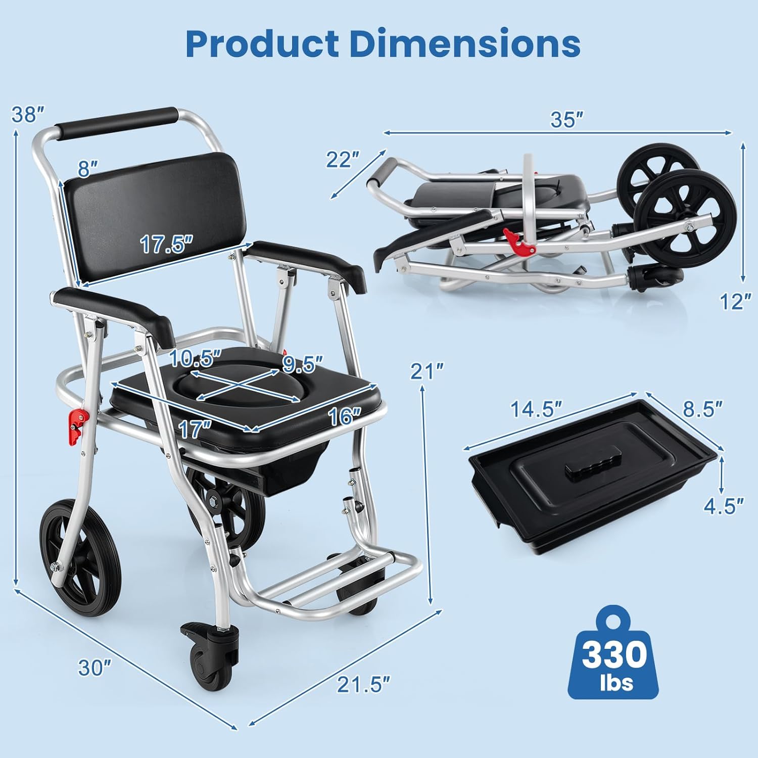 Foldable Shower Chair with Arms, Lockable Casters, Detachable Bucket T3459
