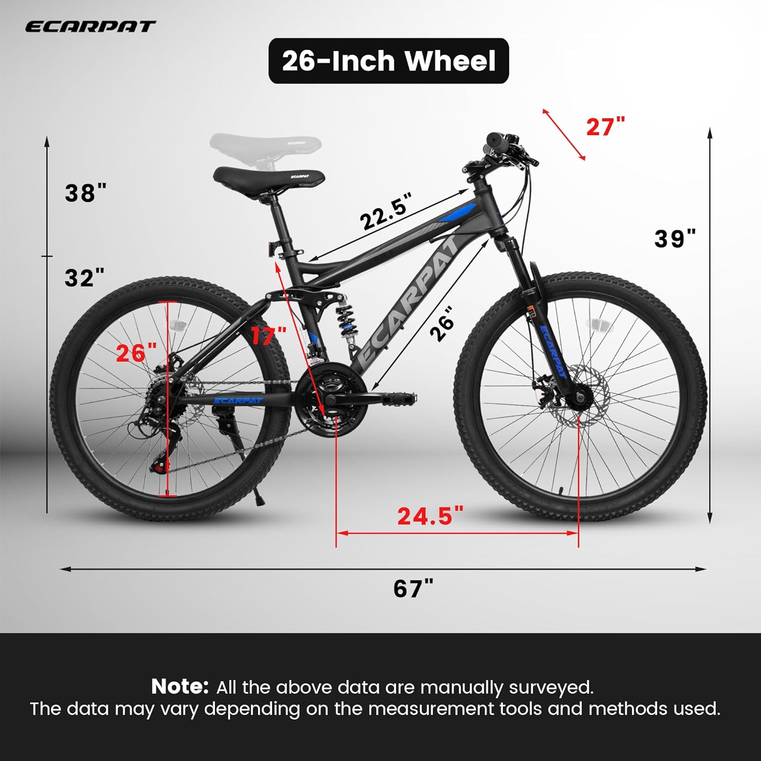 26 Inch Dual Suspension Mountain Bike with 21-Speed Disc Brake Carbon Steel Frame V92370