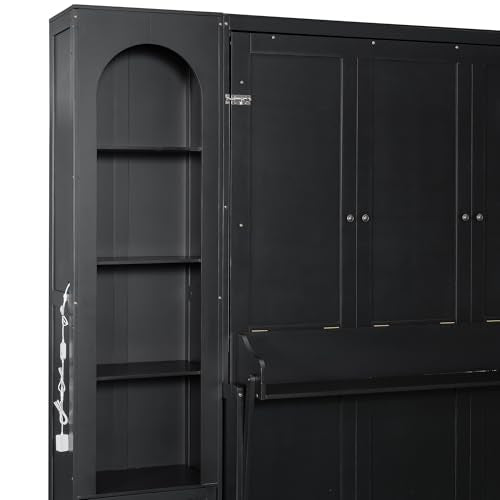 Queen Size Murphy Bed with Desk, 2 Sides Storage Cabinets, Shelf, Black Y529