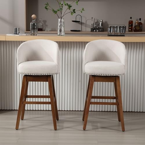 Swivel Bar Stool Set of 2, Grey, Linen, Wood Base H2336