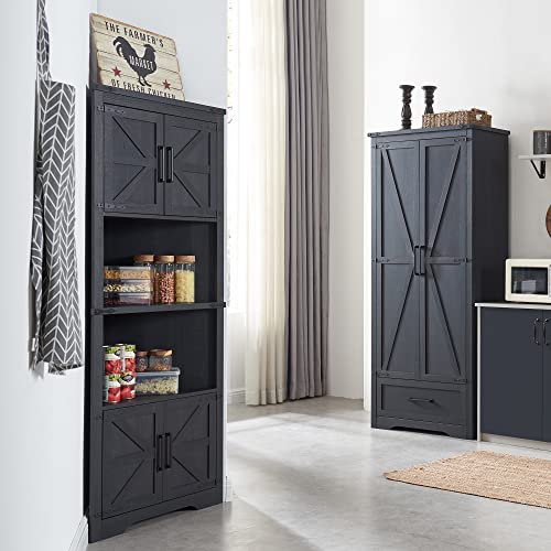 Black Tall Corner Storage Cabinet with Barn Door Design & Adjustable Shelves E73946