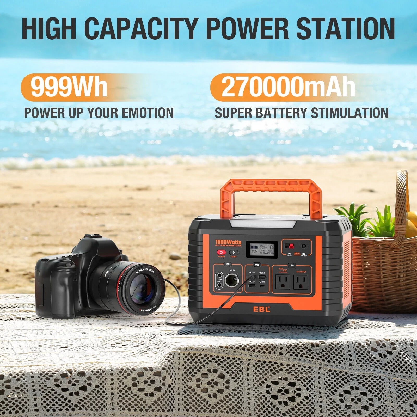 2Packs Portable Power Station 1000W Solar Generator 270000mAh Waterproof I935