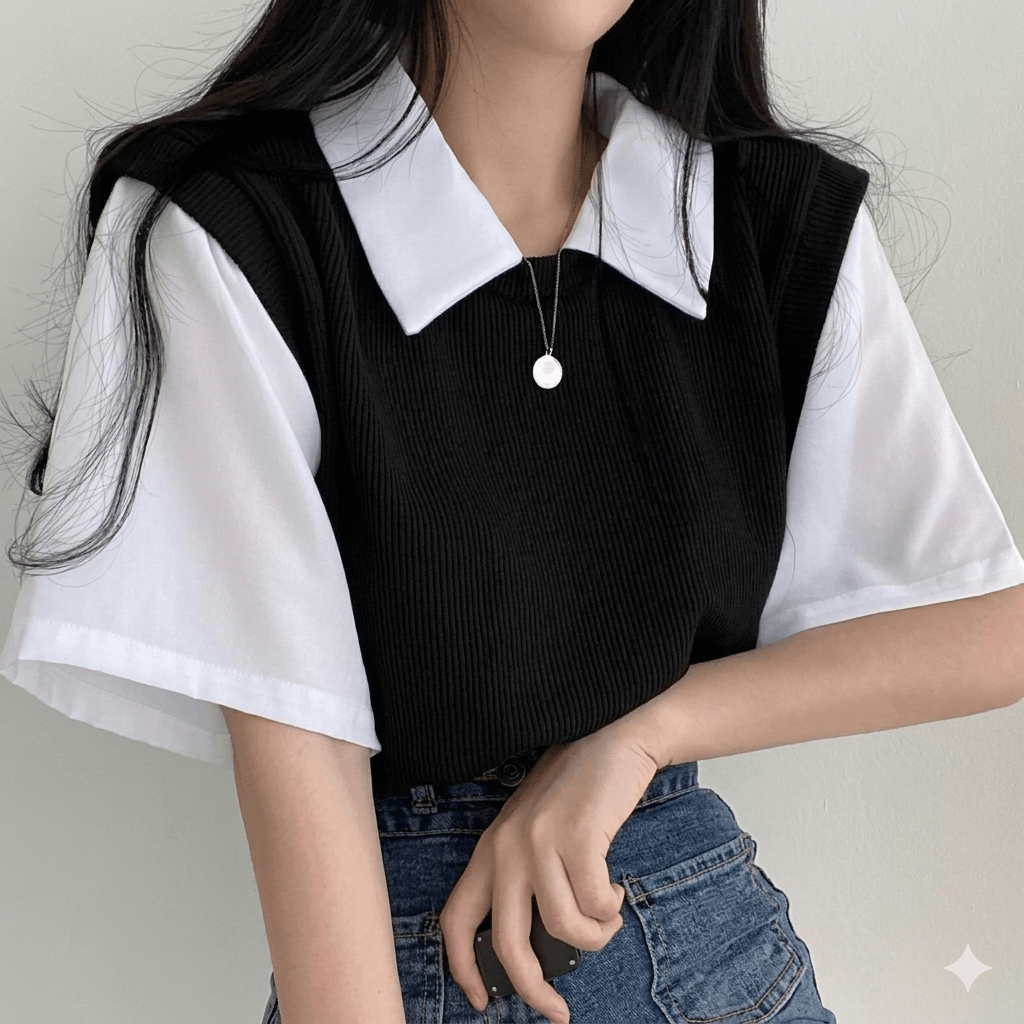 Women's Summer Preppy Style Layered Polo Shirt Color Block Short Sleeve T-Shirt Korean Style Loose & Versatile Blouse