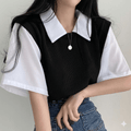 Women's Summer Preppy Style Layered Polo Shirt Color Block Short Sleeve T-Shirt Korean Style Loose & Versatile Blouse
