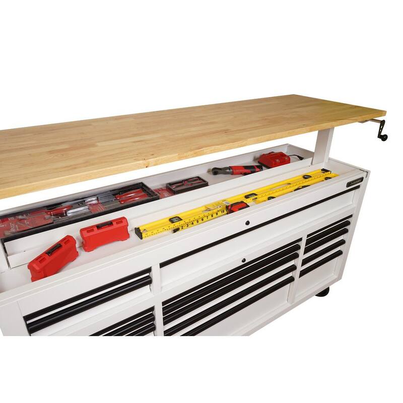 72 in. W Heavy Duty Matte White Mobile Workbench Cabinet with Wood Top H105