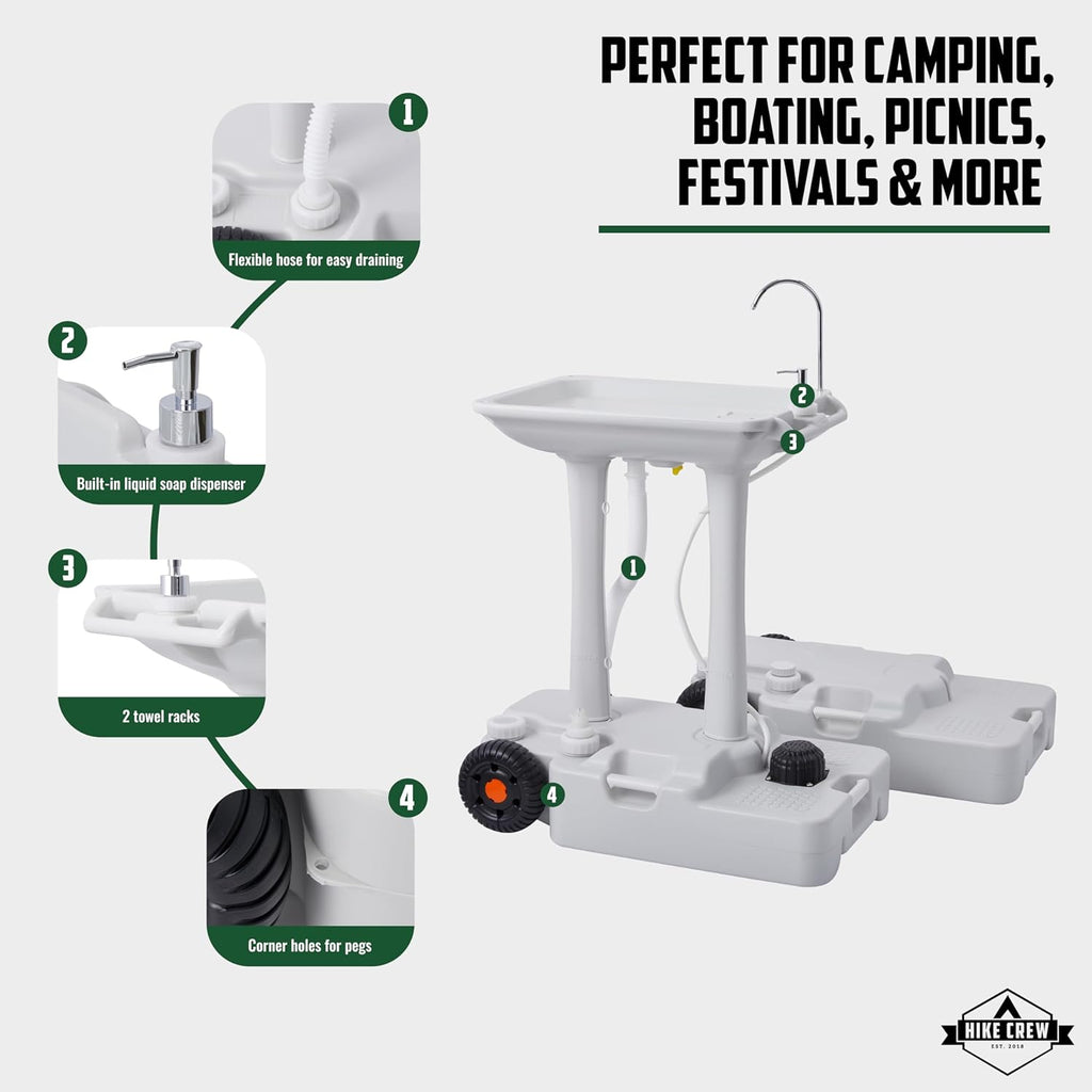 Portable Camping Sink with 8 Gal Capacity, Foot Pump, Faucet, Soap Dispenser, Towel Rack, 10 Gal Waste Tank D6936