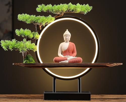 White Ceramic Buddha Statue with Green Artificial Tree and LED Circle Table Lamp, 16.5 in G735756