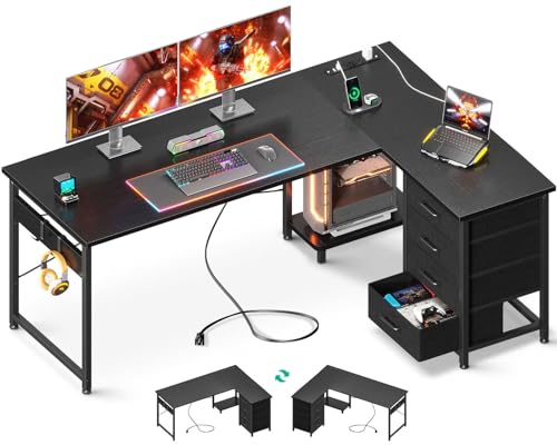 Black L Shaped Gaming Desk with 4 Drawers and Power Outlets K7855