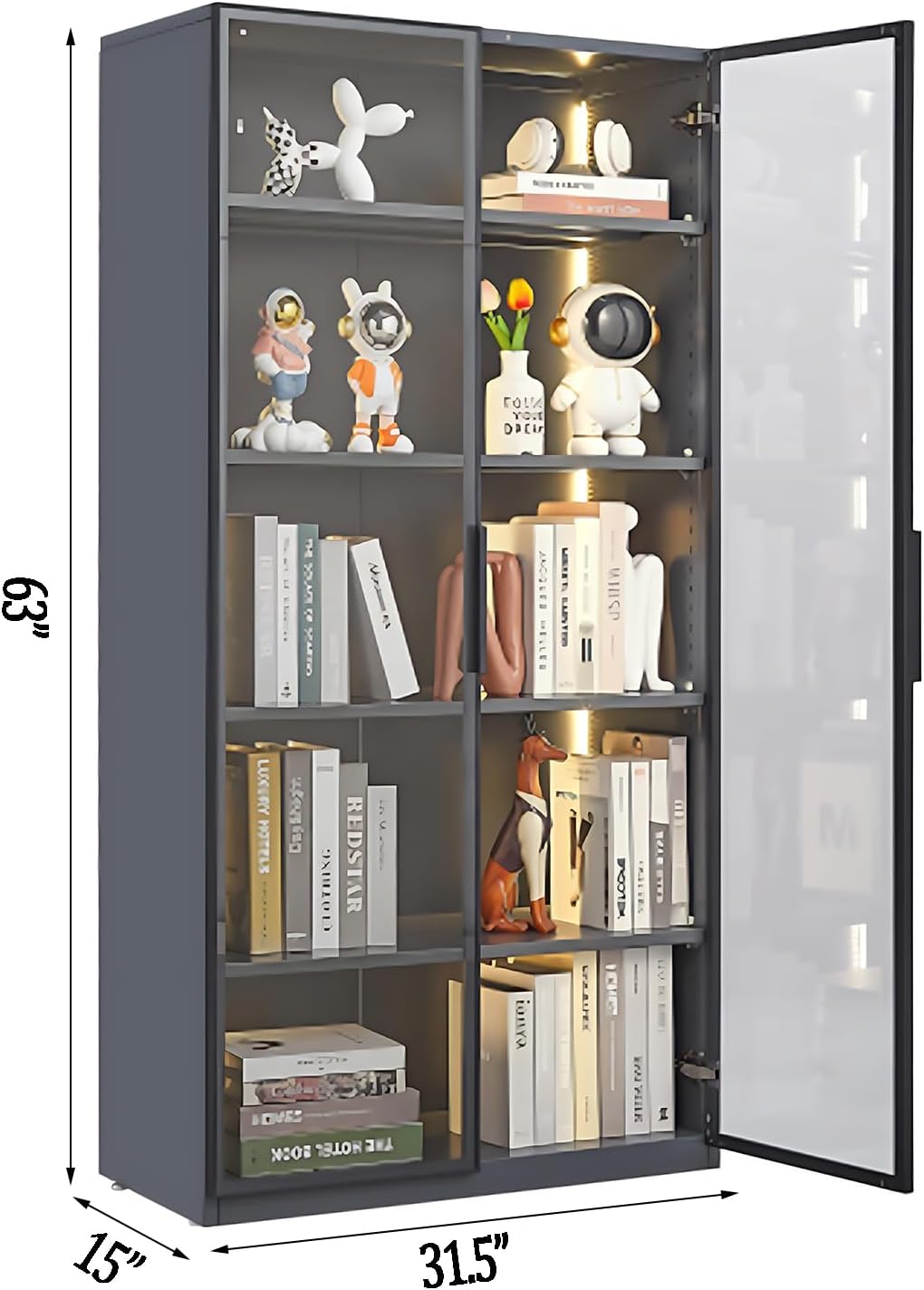 Grey Glass Display Cabinet with LED Lights and 4-Tier Shelves G632