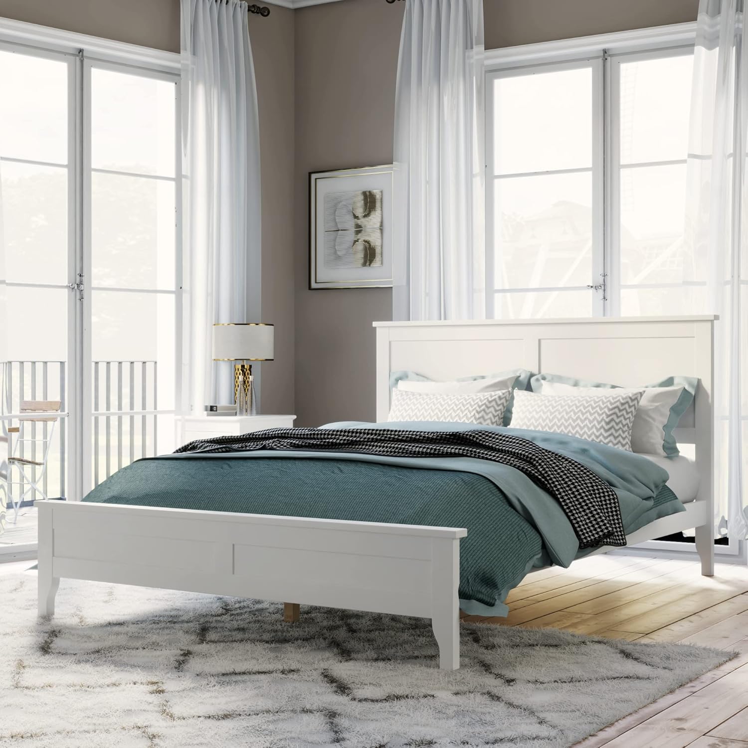 White Full Size Wooden Platform Bed with Headboard W835789