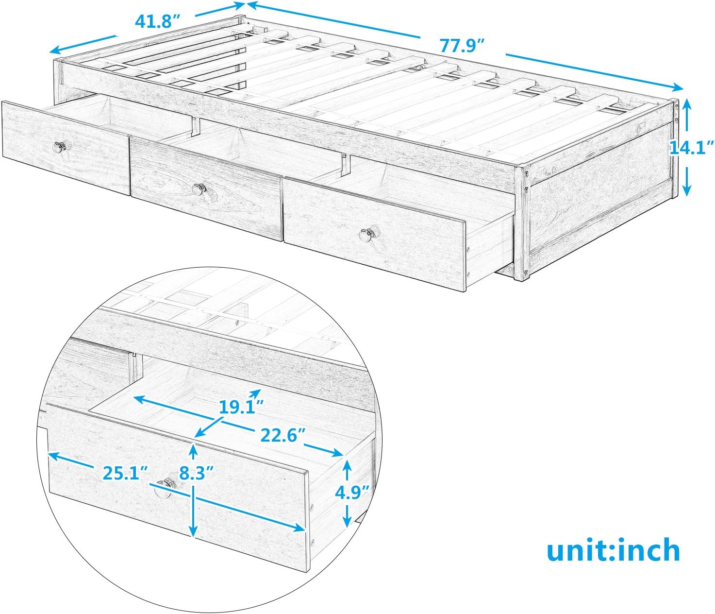 Cherry Wood Platform Bed Frame With 3 Drawers A9963