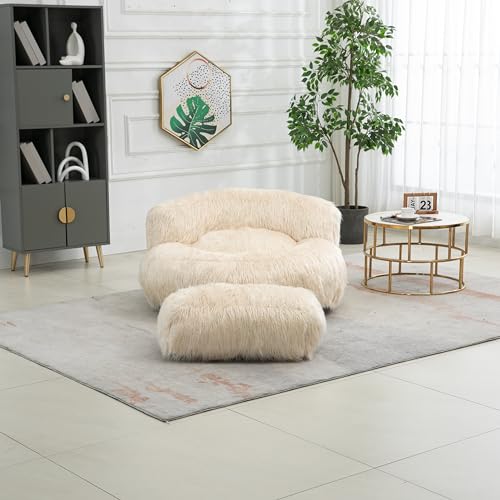Wine Red Fluffy Faux Fur Oversized Bean Bag Chair with Ottoman H657