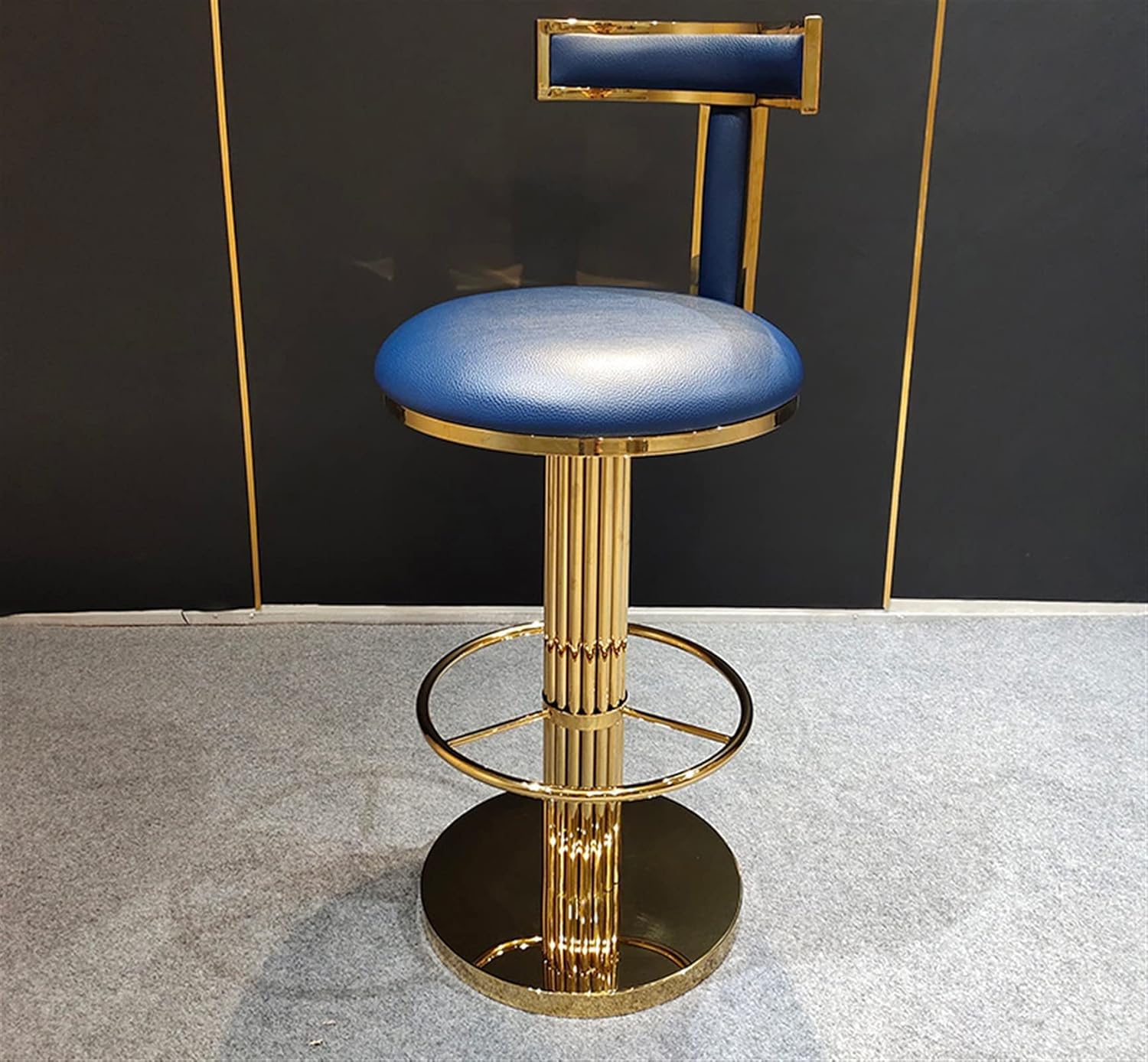 Champagne Gold Blue Stainless Steel Microfiber Leather 360-degree Rotating Bar Stools with Backrest 45X68X95CM H618