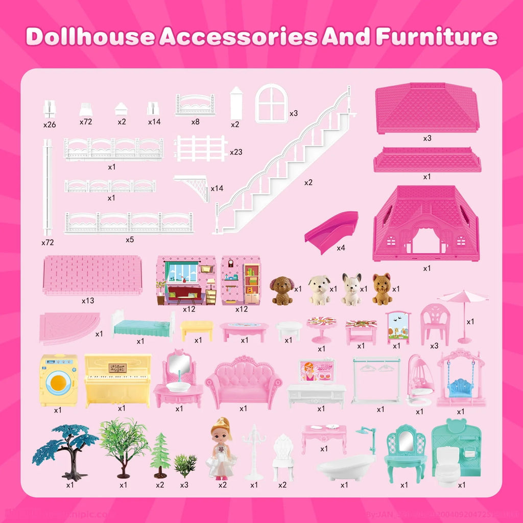 4-Story 12 Rooms Dollhouse with 2 Dolls T78118