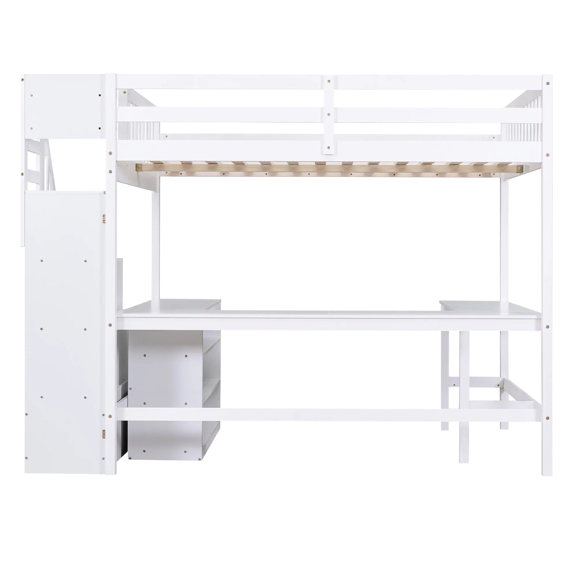 White Wood Full Size Loft Bed with Desk and Storage Staircase L769628