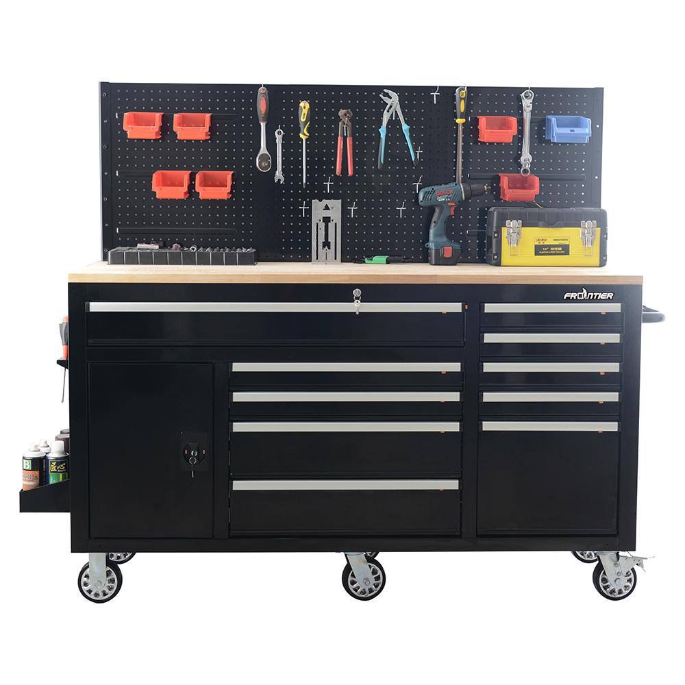 Black 10-Drawer Tool Chest Cabinet with Pegboard Back Wall, Heavy-Duty Mobile Workbench S3364