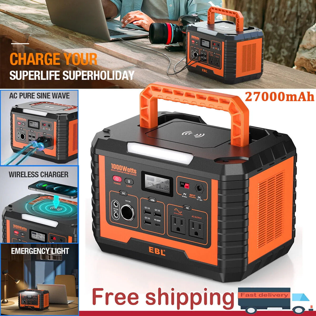2Packs Portable Power Station 1000W Solar Generator 270000mAh Waterproof I935