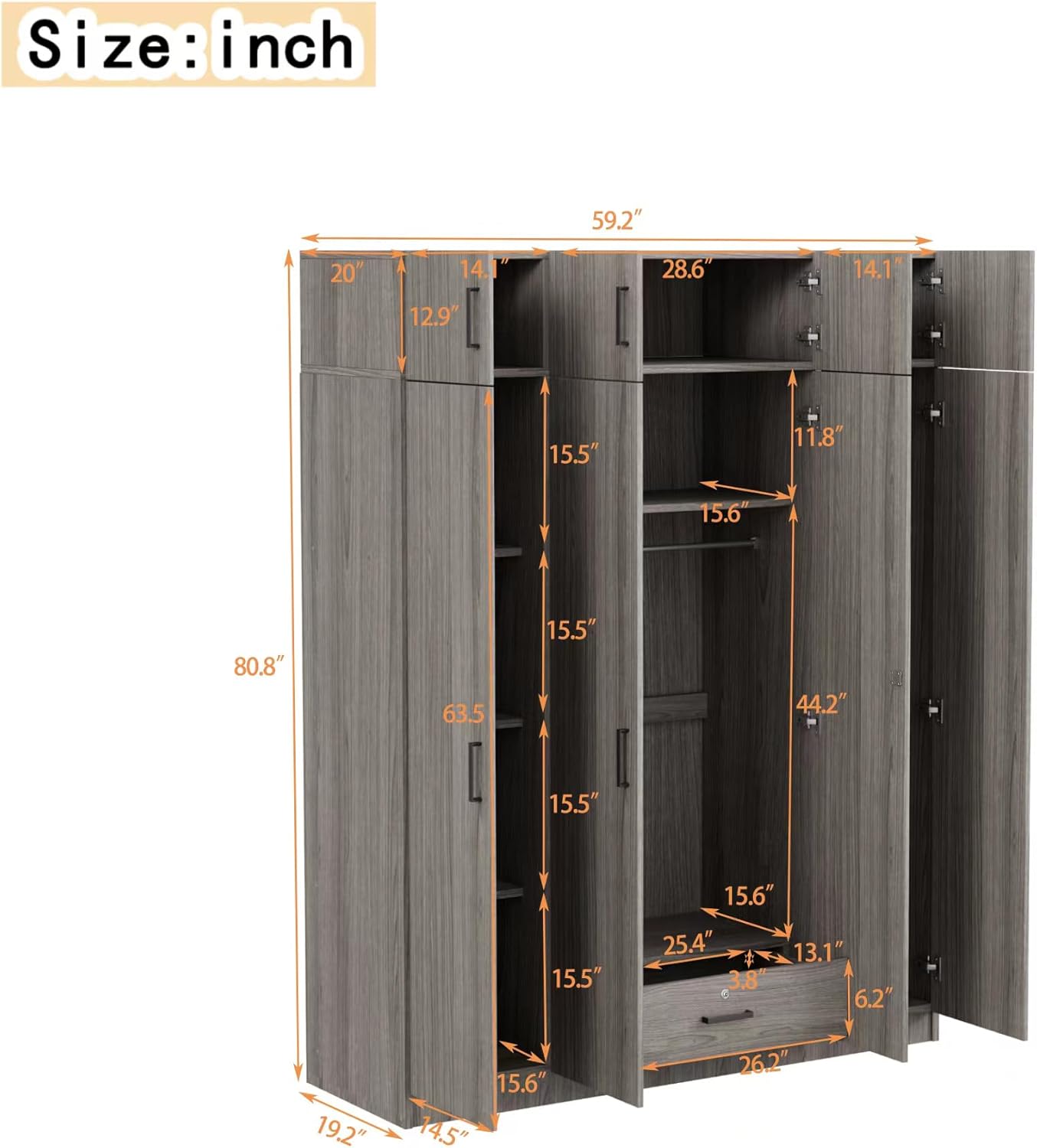 Gray 4-Door 1 Drawer Wood Wardrobe J3015