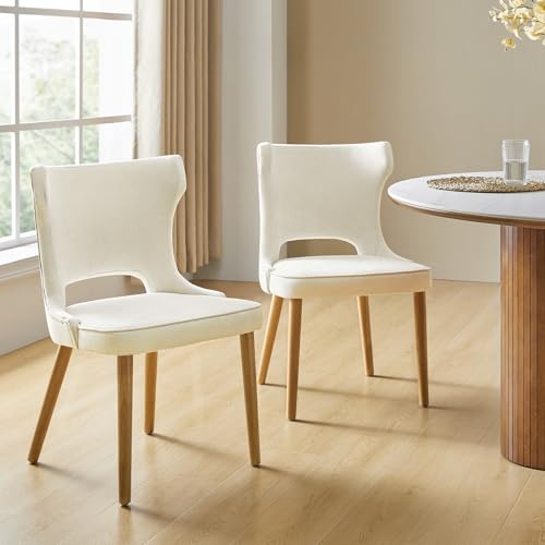 Dining Chairs Set of 4 Upholstered Fabric Side Chair with Wood Legs High Back Ivory M17530