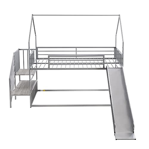 Black Twin Over Twin Metal Bunk Bed with Slide and Storage Staircase A5648