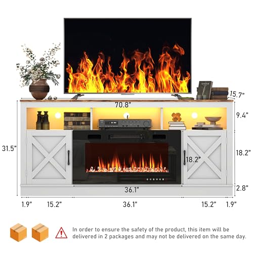 Grey 70 Inch TV Stand with Electric Fireplace and Barn Door Cabinet I6852