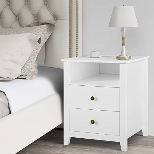 White Nightstands with Drawer Set of 2 Wood Bedside Tables Z32245