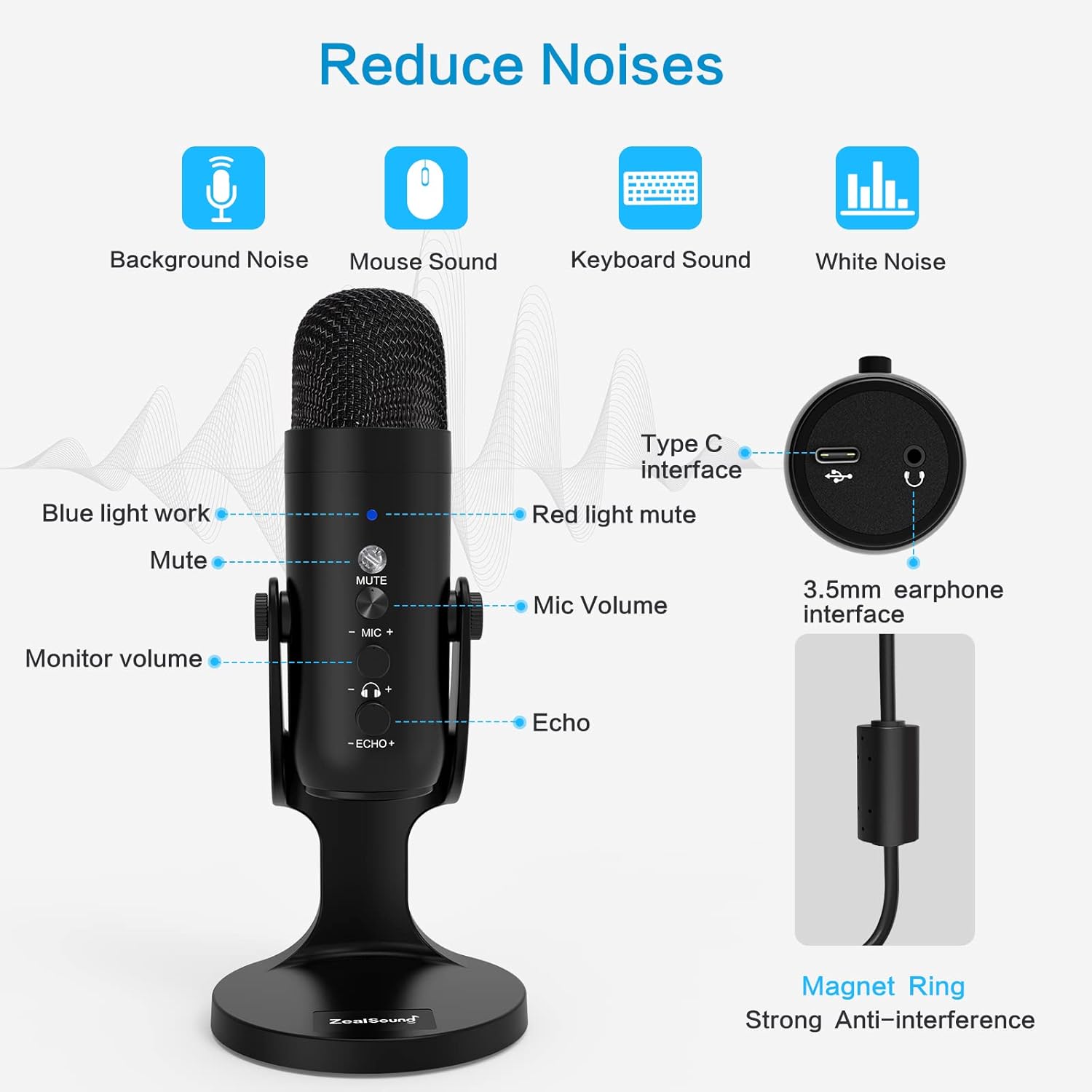 Black USB Condenser Microphone with Headphone Output and Volume Control T778