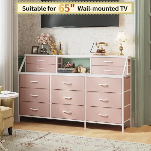 55" W Rustic Brown Dresser with 13 Fabric Drawers and 2 Open Shelves Y393146