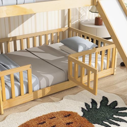 White Twin Over Full Size Pine Wooden Bunk Bed with Slide J22824