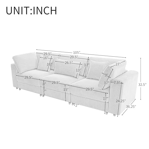 Oversized 3 Seater Corduroy Sofa with Removable Back Cushions and 5 Pillows (Gray) Z725200
