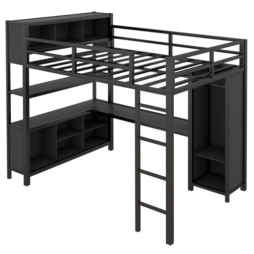 Black Full Size Metal Loft Bed with Wardrobe and L-Shaped Desk I308