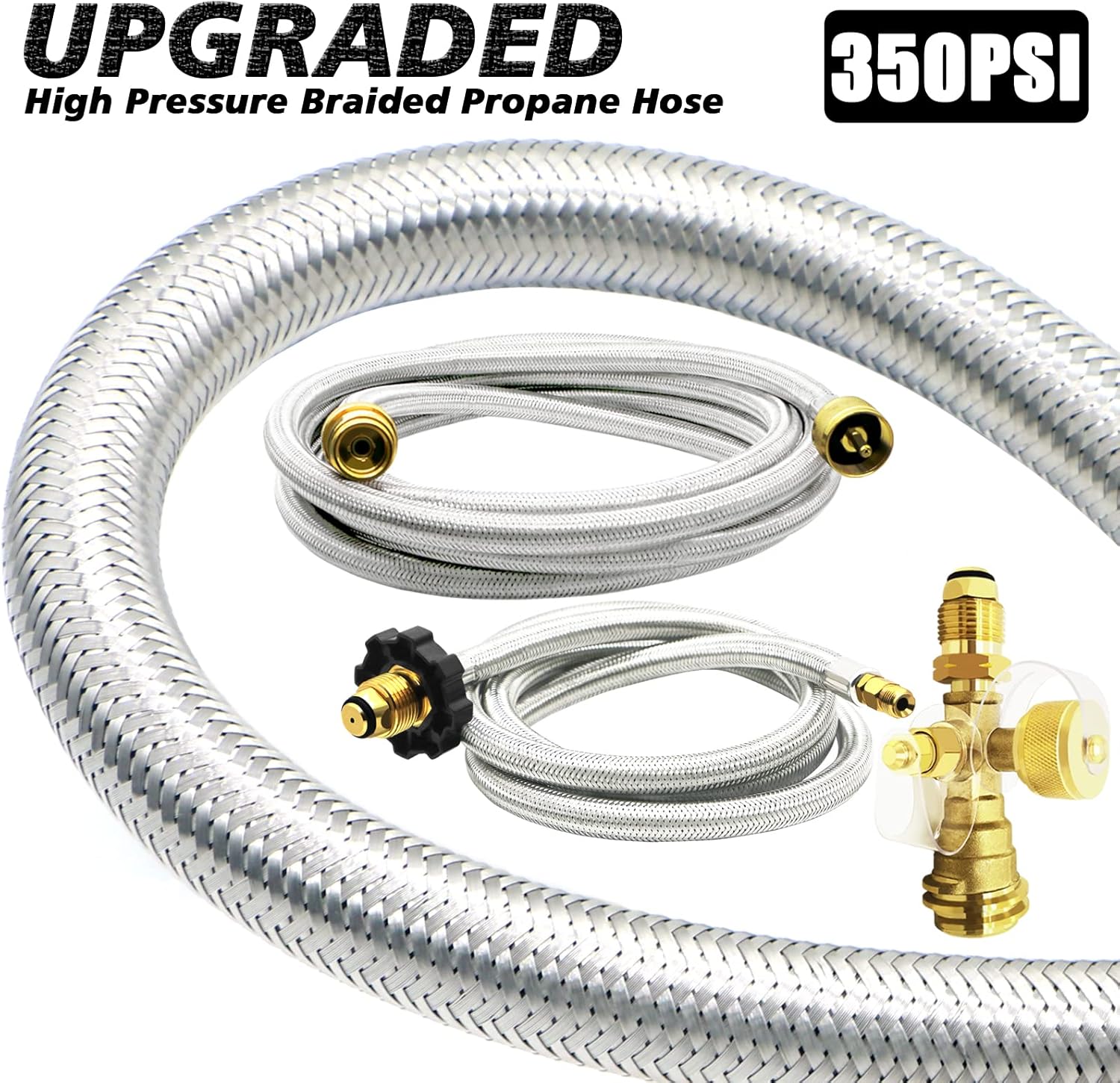 Propane Brass 4 Port Tee Kit with 5FT and 12FT Stainless Braided Hoses S2576